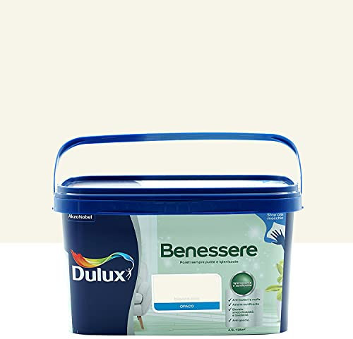 Dulux Benessere Pittura Colorata all'Acqua per Interni Superlavabile Anti Muffa Anti Batteri con Ioni D'Argento, 2.5 Litri, Bianco Lino, 2.5L