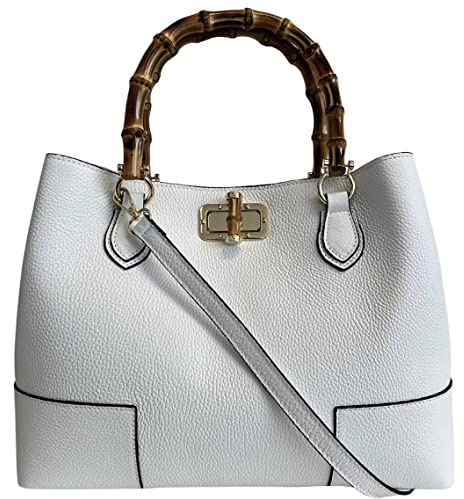 Modarno Woman Bag in Genuine Leather with handle in real bamboo/Elegant and Minimal/Luxury Bag, White, Large