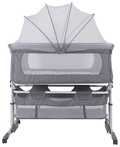 Konvertibla spjälsängar med madrass, för nyfödda och nyfödda från födseln till 9 kg, gungfunktion, vikbar med en hand, förvaringsficka för babysäng, sidosäng (92 x 58 x 70–90 cm)