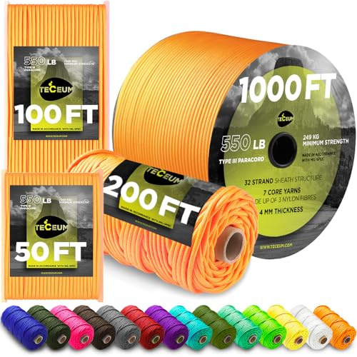 TECEUM Paracord Rope Type III 550 – Tactical MIL-SPEC – Outdoor Para Cord | Orange, 30m, Clothesline, Camping Fishing Gear and Equipment, DIY, Parachute Cord 4mm, Strong Survival Utility Rope
