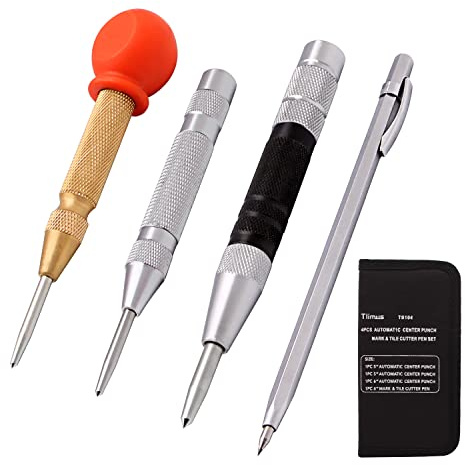 Tlimus 4 Pack 5 Inch and 6 Inch Automatic Center Punch Set, Adjustable Spring Loaded Center Punch and Metal Engraving Pen for Metal Wood Working with Tool Storage Bag