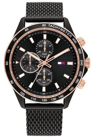 Tommy Hilfiger Multi Zifferblatt Quarz Uhr für Herren mit Schwarzes Edelstahl-Mesh-Gliederarmband - 1792020