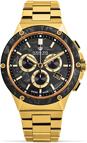 LOUIS XVI Le Monarque Herrenuhr Chronograph 42 mm Schweizer Quarzwerk Edelstahl Armband Gold Zifferblatt Schwarz Forged Carbon 1211