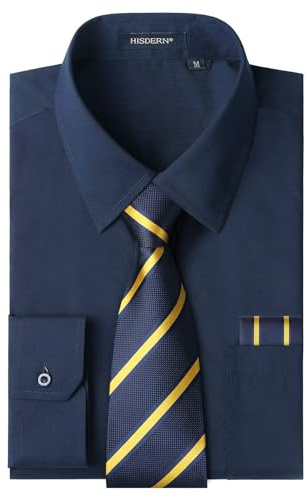 HISDERN Camicia Uomo Blu Navy Manica Lunga Elegante Camicia e Cravatta Casual Camicie Business Formale Camicie Matrimonio Casual con Tasca Regular XL