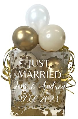 Geldgeschenk, Geschenkverpackung, Hochzeitsgeschenk, Personalisierte Ballonbox, gefüllt mit Konfetti und Ballons, Golden Pearl