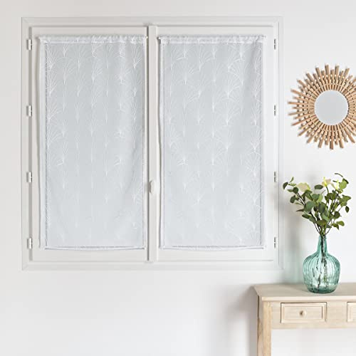 HomeMaison.com Set di 2 vetrate effetto lino, con vetro ricamato, tenda bianca, 60 x 160 cm, tenda con orlo e passante, tenda da finestra moderna