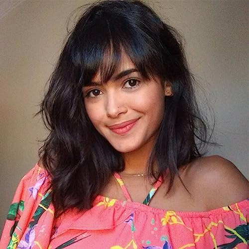 WIGNEE Perruque Cheveux Humain Brésiliens 100% avec Frange,Cheveux Naturels Humains Sans Colle,30 cm Femme Naturelle Courte Ondulée Glueless Wig Human Hair Perruque Noire avec Top Lace