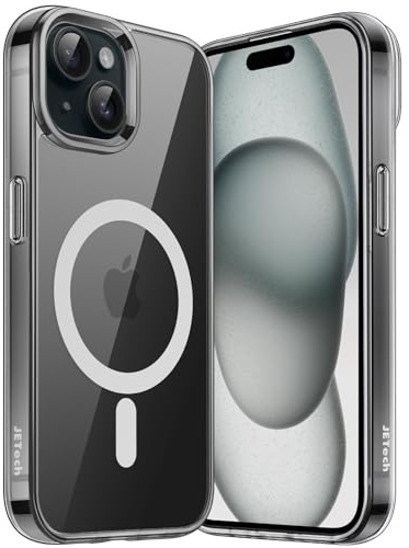 JETech Funda Magnética para iPhone 15 6,1 Pulgadas, Compatible con MagSafe Carga Inalámbrica, Carcasa Bumper Teléfono Antigolpes, Parte Trasera Transparente Anti-Arañazos (Negro/Blanco)