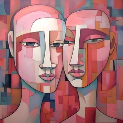 adrium Acryl-Bild 80 x 80 cm: Digitale Malerei von Gesichtern einer Frau und eines Mannes in Rot und Blau. (208728449)