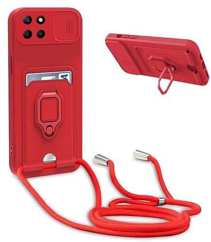 BGHHEU Handykette Schutzhülle kompatibel mit Huawei Honor X8 Handyhülle mit Band,Schiebe Kameraschutz,360 Grad Ringhalter Stand,Kartenfach,Verstellbarer Halskette Silikon hülle - Rot