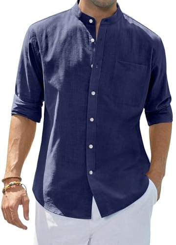 siliteelon Men's Shirts Grandad Collar Long Sleeve Navy Blue Linen Shirts Regular Fit Casual Summer Beach Shirt with Pocket,Large