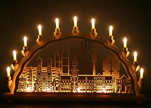 Schlick & Türk Schwibbogen München - Stadtmotiv - 68cm, 11 Kerzen + Vorbeleuchtung - Feine Handarbeit aus dem Erzgebirge - Weihnachten erzgebirgischer Lichterbogen