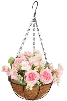 Qianly Artificial Hanging Flowers in Basket Artificial Peony Flowers Outdoor Hanging Basket Garden Wedding Ornaments Chain Flowerpot Plants Decoration for Home Outdoors Garden Patio Porch, pink