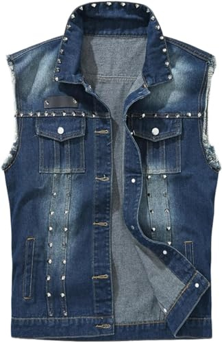 Mcdslrgo Chaleco de mezclilla punk sin mangas para hombre con remaches, azul, M