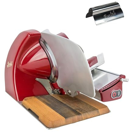 Berkel Aufschnittmaschine Home Line 250 in rot - Premium Schneidemaschine inkl. handgefertigtem Einlegebrett aus Fassholz + zusätzlich Aufschnittzange original von Berkel - Sonderangebot