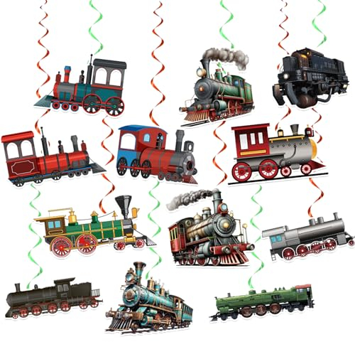 24 Pcs Train Hanging Swirls Train Spirals Ceiling Swirls Decorations Retro Train Hanging Decorations for Train Birthday Decorations Train Transportation Party Supplies