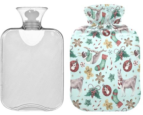 ZZXXB Frohe Weihnachten Lama Faultier Wärmflasche mit Fleece-Bezug, PVC-Wärmbeutel, 2 Liter