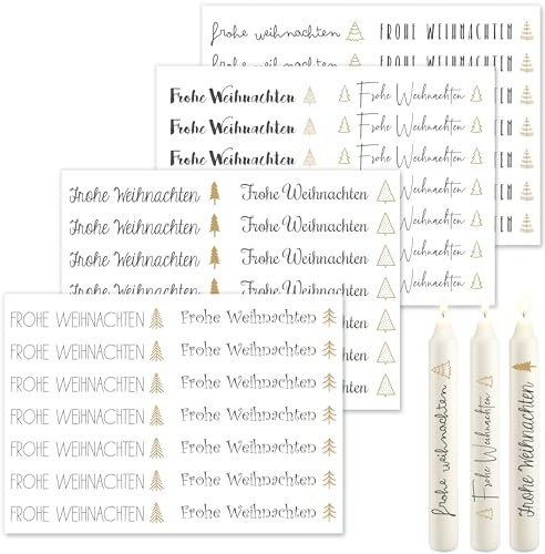 OWLBOOK® Kerzentattoos Weihnachten - Kerzen Sticker, Kerzenfolien Tattoo Folie, Kerzensticker, Aufkleber I Wasserschiebefolie Frohe Weihnachten 4 x Din A5