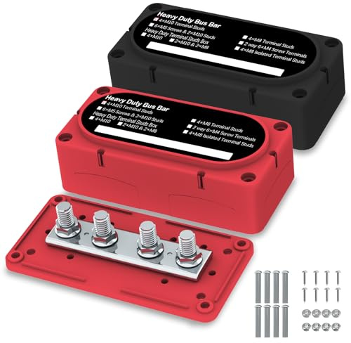 UCkasayfy Heavy Duty Bus Bar 300A 12V Power Distribution Block with 3/8 (M10) 4-Posts Terminals Block with Cover for Automotive, Marine, Battery System (Black & Red)
