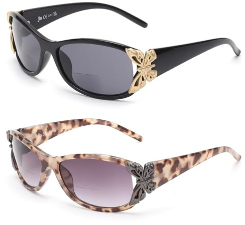 JM 2 Pack Sonnenbrille mit Sehstärke für Damen, Mode Lesesonnenbrille Schmetterling Lesebrille UV400 Schutz