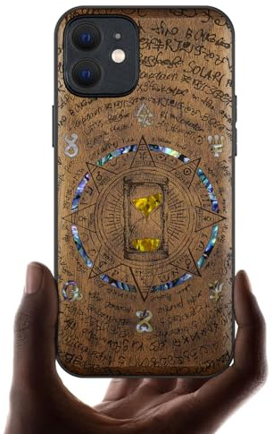 Carveit Coque Magnétique pour iPhone 12 Étui de Protection TPU, Gravure en Bois et Incrustation de Coquille Cover Compatible Magsafe avec 12 Coque (Noyer-Sablier rétro)