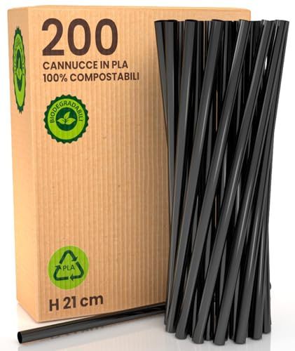200 Cannucce Rigide in Bioplastica 100% Riutilizzabili ed Ecologiche - 21 cm x 6 mm, Biodegradabili e Compostabili, Made in Italy - Ideali per Bevande, Cocktail, Eventi e Feste – Colore Nero