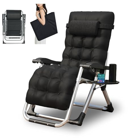TRIOBLADE Outdoor Reclining Zero Gravity Chair with Cup Holder & Cushion, Adjustable Sun Loungers Folding Recliner Garden Chairs for Patio Garden Beach Support 200kg (Black)