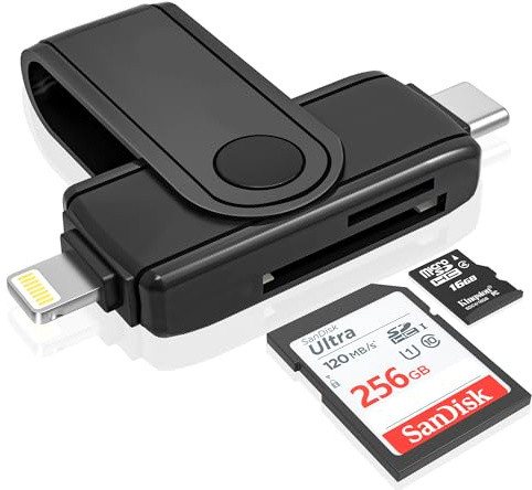 SD Kartenleser, Lightning/USB C SD Card Reader Highspeed für SD/MicroSD/TF/SDHC/SDXC/MMC, Micro SD Adapter für iPhone 16/15/iPad/MacBook, Kompatibel mit Android/Mac OS usw(2 Karten gleichzeitig lesen)