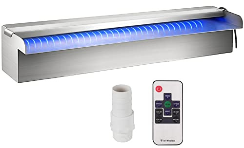 VEVOR Scarico a Cascata per Piscina 30x11,5x8 cm in Acciaio Inox con Striscia LED Colorata, Connettore per Tubo Flessibile, Telecomando, Resistente alla Corrosione per Laghetto, Giardino Esterno