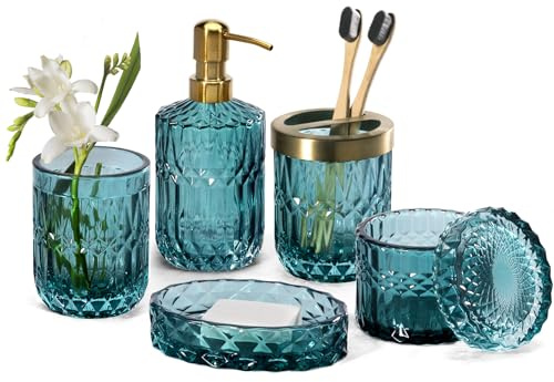 EMPO 6-teiliges Badezimmer-Zubehör-Set aus klarem Glas (Lotion-Seifenspender, Seifenschale, Zahnbürstenhalter, Becher, Wattestäbchen-Glas), Moderne Dekoration, Kristall-Vintage-Geschenk (Ozeanente)