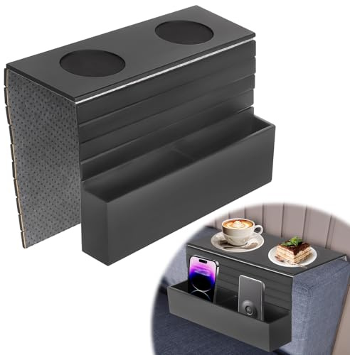 Sofa Arm Table, Black Bamboo Sofa Arm Tray with Non-Slip Backing, Universal Foldable Armchair Tray, Sofa Cup Holder, Couch Caddy, for Coffee, Drinks, Remote Control, Phone, Magazines
