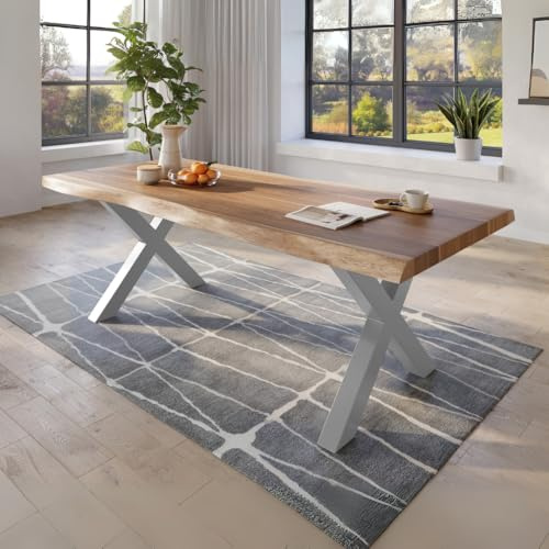 trelevo Esstisch 200x110 Baumkante Akazie natur X-Gestell silber
