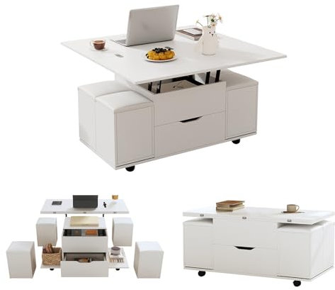 Couchtisch Höhenverstellbarer, 3 in 1 Wohnzimmertisch mit 4 Hocker, Kaffeetisch Ausziehbar auf Großer Tisch, Versteckter und Offene Stauraum, Beistelltisch für Wohnzimmer, Weiß, 100 x 50 x 48cm
