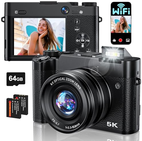 Digitalkamera Optischer Zoom 6X, 5K 64MP Kamera Fotokamera mit WLAN, Kompaktkamera Autofokus, Blitz, Anti-Shake Vlog Kamera Selfies mit 64GB Karte, 2 Akkus für Einsteiger