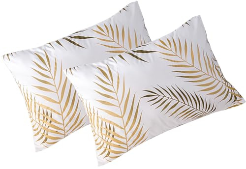 Kissenbezug 40 x 80 2er Set Weiß Gold Blätter Muster Kopfkissenbezug 40x80 | Oeko-TEX, Mikrofaser, Tropisch, Palmenblätter, Kissen Bezug 40x80, Dekorative, Kissenhülle, Doppelpack