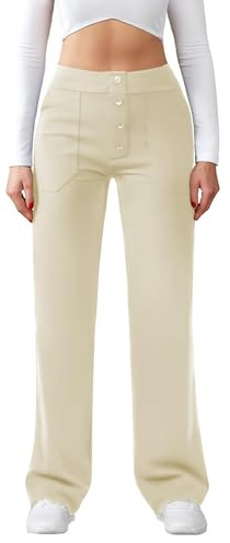 Friptspyg Dam hög midja breda ben byxor knapp raka ben byxor casual arbetsbyxor stretch yogabyxor med fickor, Khaki, M