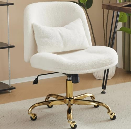 Bonnlo Bürostuhl ohne Armlehne, Schneidersitz Stuhl, Schminktisch Stuhl mit Lendenkissen, Drehstuhl mit Rollen, Höhenverstellbar Breiter Schreibtischstuhl, Homeoffice, Teddy-Stoff (Beige)