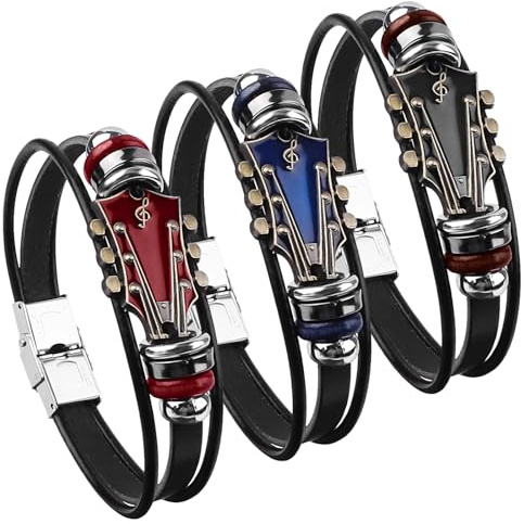 Uoeo 3 Pack Retro Faux Leather Guitar Bracelets Vintage Guitar Men Women Faux Leather Bangle Wristband Punk Guitar Bracelet for Men Handmade Braided Multi-Layer Wrap Bracelet Music Enthusiast Gift