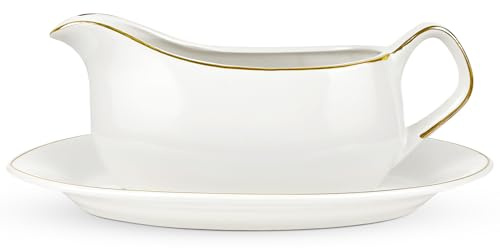 AZKEEGREY Salsera de porcelana con platillo, salsera de cerámica de 400 ml con bandeja, jarra de servir con asa para cocina y restaurante, color blanco