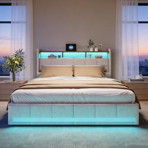 BRILVERDE Cama tapizada 140x200 con almacenaje, con 4 cajones, Cama matrimonial con Toma USB y luz LED, con cabecero y somier de láminas, Lino (Beige, 140 x 200 cm)
