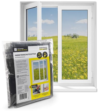 EASYmaxx Fliegengitter Fenster | Moskitonetz, Montage ohne Bohren | zuschneidbarer Insektenschutz Fenster bis 150 x 180 cm | Mückenschutz | Fliegennetz Klettband selbstklebend [Schwarz]