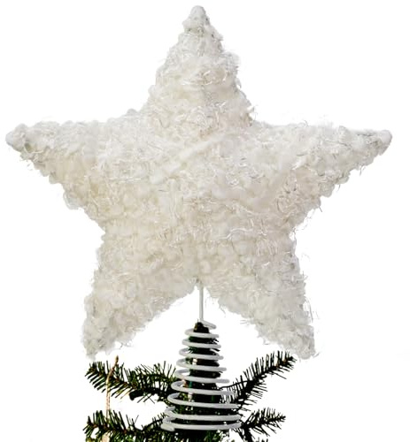 Plush Christmas Tree Topper, 25 * 30cm Wool Curls-Like Plush Star Tree Topper Wavy Cotton Christmas Ornaments Christmas Tree Star Topper for Xmas Tree Home Holiday Party Decoration (White)