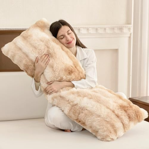 ZonLi Fluffy Body Pillow for Adults, Fuzzy Faux Fur Body Pillow with Shredded Memory Foam, Adjustable Support for Side Sleepers, Pregnancy & Decor, Gifts, 20 x 54 Inch, Light Tan