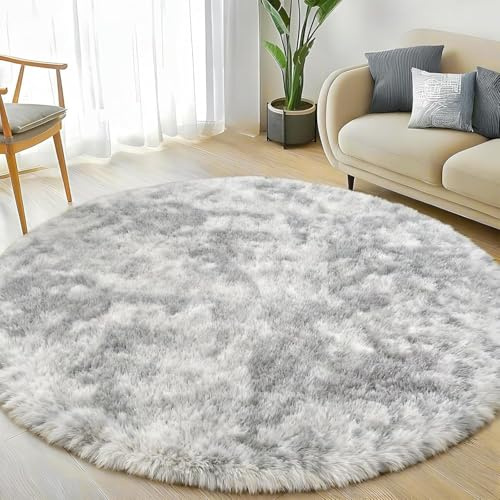 Homcomodar Hochflor Teppich Rund 120 cm Grau Wohnzimmer Schlafzimme Teppich Flauschig rutschfest teppiche kinderzimmer Flauschig Teppiche