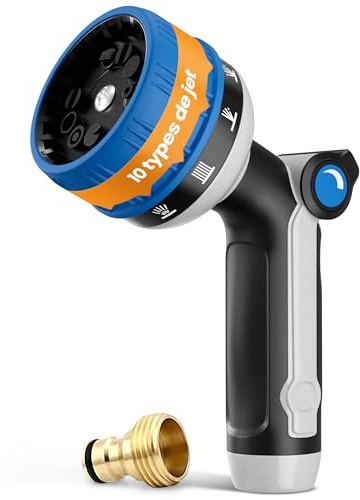 rainfactory pistolet arrosage - douchette jardin multifonction avec 10 modes de pulvérisation, haute pression et poignée ergonomique - lance arrosage avec embout tuyau 3/4 en laiton