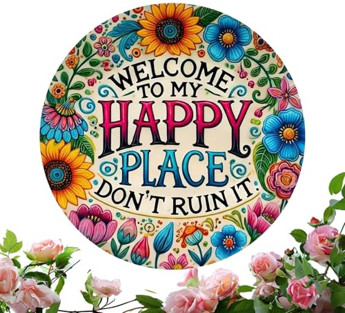 Letrero de bienvenida – 2D Vintage To My Happy Place Decor | Cartel de bienvenida de temporada – para Navidad, dormitorio, sala de estar, día festivo, porche o hogar