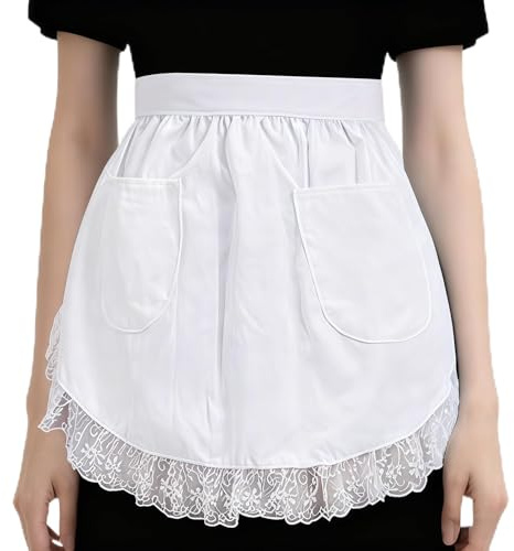 DUOYIJIN White Maid Apron with Lace Trim Retro Cosplay Fancy Dress Waist Apron for Women Kitchen Cooking Cleaning Half Aprons Maid Costume Accessories for Party Waitress Servant Bistro Coffee Shop