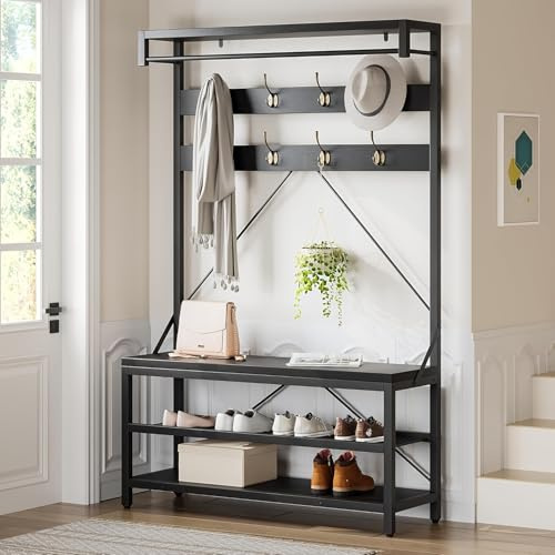 GarveeHome Coat Rack, 183cm Coat Stand, Industrial Freestanding Hall Tree with 8 Hooks & Bench & Shoe Storage, Metal Frame Clothes Rack for Hallway Living Room Bedroom 40 x 101.5 x 183cm