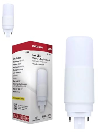 Satco S21432 5W LED PL Light Bulb G24d 2-Pin, Type A/B Dual Mode (Ballast Compatible or Bypass), 3500K Neutral White, 630 Lumens, Replaces 13W CFL, Frosted Lens, 120-277V, Damp, NSF
