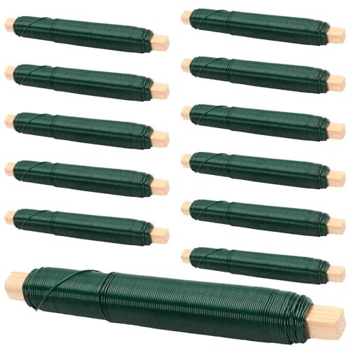 12er Pack Blumendraht Grün, 0,70mm x 35m Bindedraht Basteldraht | SENJEOK Wickeldraht auf Holzwickel, zum Basteln, zur Befestigung von Blumen und Pflanzen
